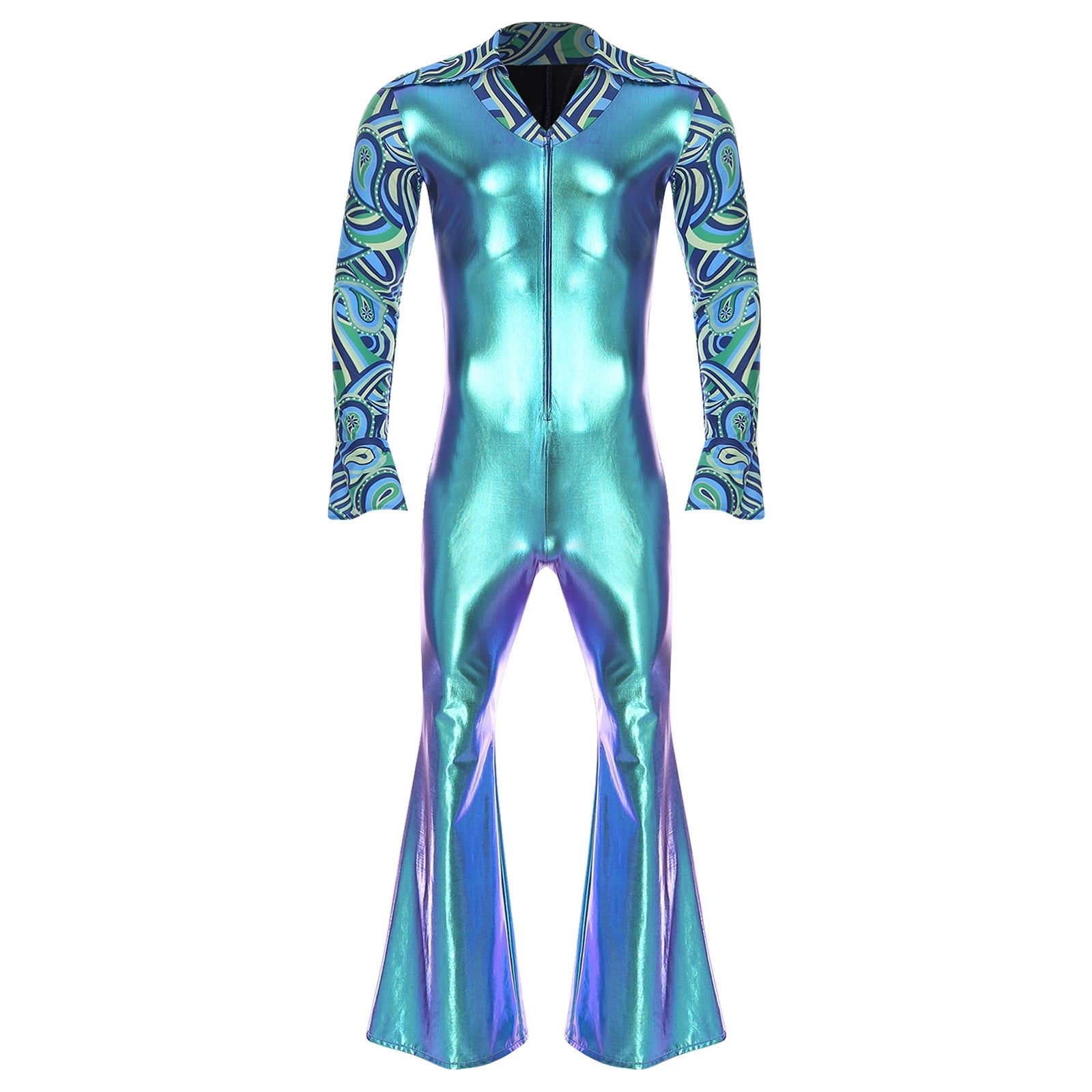 TiaoBug 70s Disco Outfit for Men Lapel V Neck Flare Long Sleeve ...