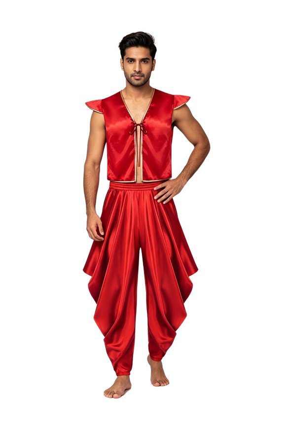 Adult Arab Prince Outfit Men Street Rats Suit 2Pcs Cap Sleeve Vest Open Front Waistcoat with Satin Harem Pants Red M