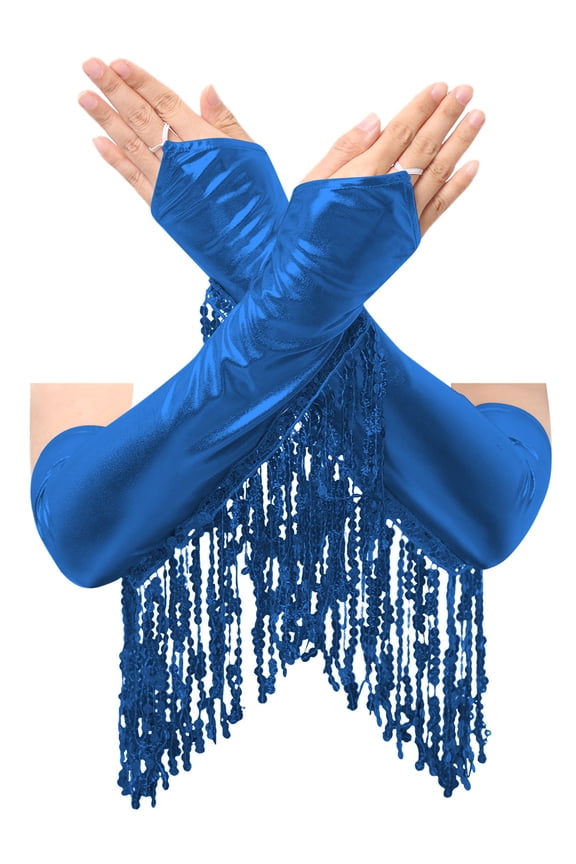 Adult Girls Shiny Sequins Fringe Fingerless Gloves Carnival Festival Elbow Length Opera Gloves Blue One Size