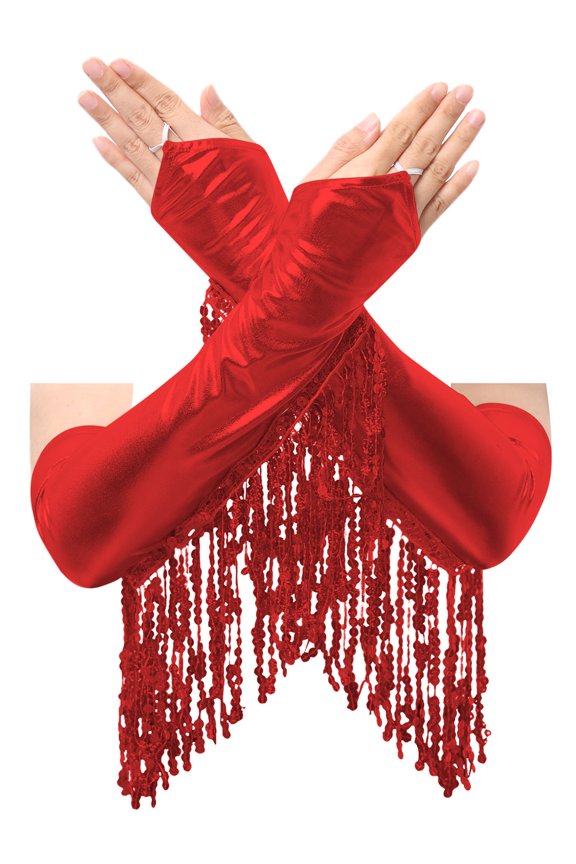 Adult Girls Shiny Sequins Fringe Fingerless Gloves Carnival Festival Elbow Length Opera Gloves Red One Size