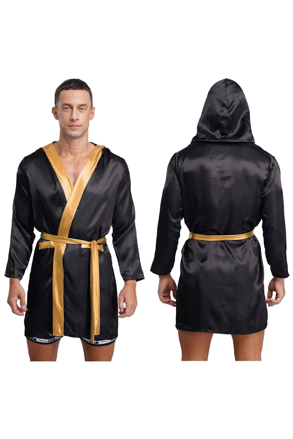 Adult Mens Boxer Hooded Robes Satiny Shiny Long Sleeve Bathrobes Boxing Team Uniform Outfits Black 16
