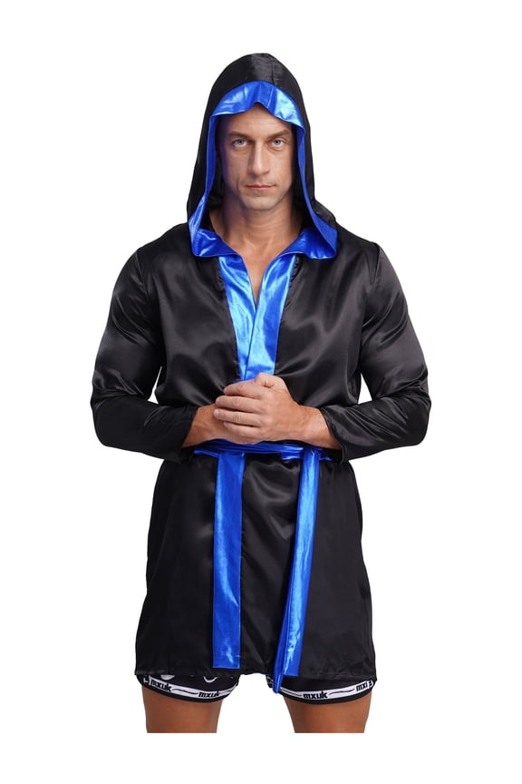 Adult Mens Boxer Hooded Robes Satiny Shiny Long Sleeve Bathrobes Boxing Team Uniform Outfits Black Blue 16