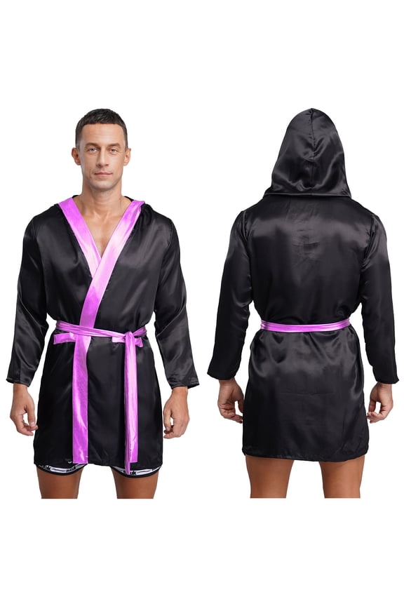 Adult Mens Boxer Hooded Robes Satiny Shiny Long Sleeve Bathrobes Boxing Team Uniform Outfits Black Pink 16