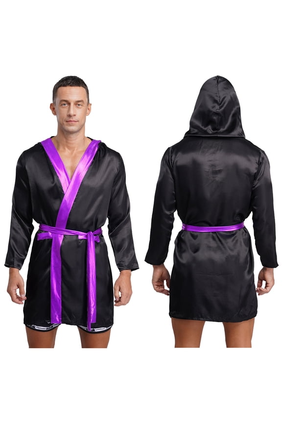 Adult Mens Boxer Hooded Robes Satiny Shiny Long Sleeve Bathrobes Boxing Team Uniform Outfits Black Purple 16