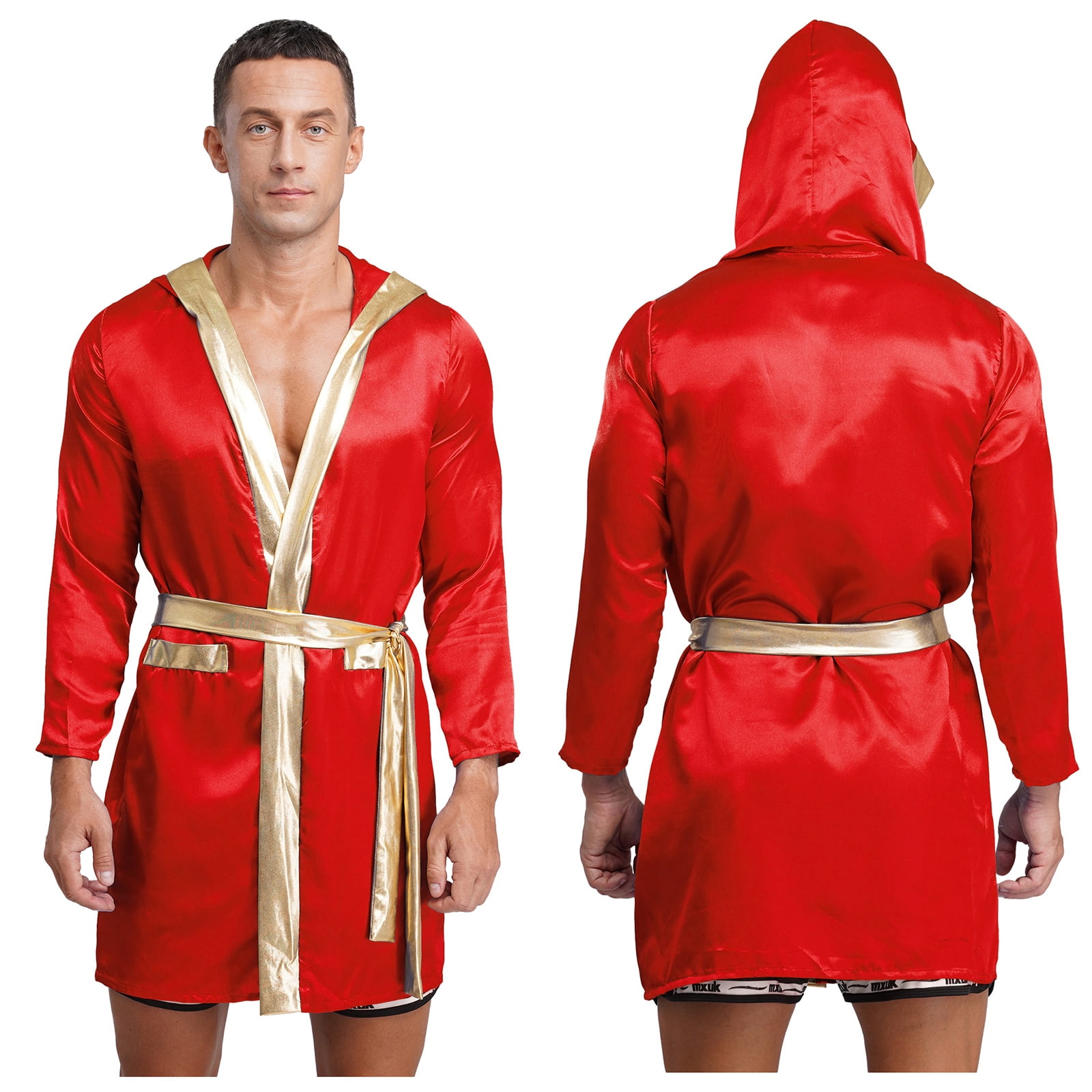 TiaoBug Adult Mens Boxer Hooded Robes Satiny Shiny Long Sleeve ...
