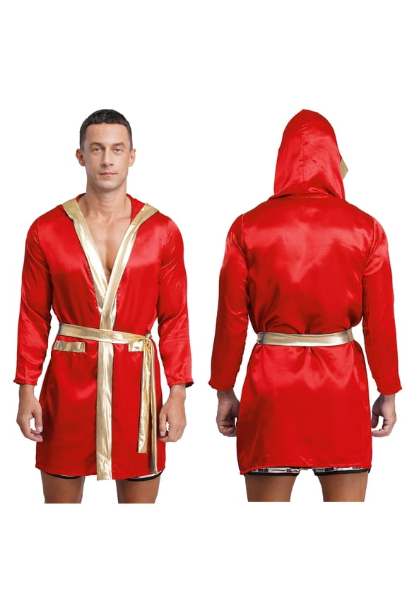 Adult Mens Boxer Hooded Robes Satiny Shiny Long Sleeve Bathrobes Boxing Team Uniform Outfits Burgundy 16