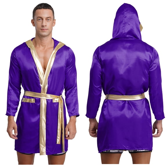TiaoBug Adult Mens Boxer Hooded Robes Satiny Shiny Long Sleeve Bathrobes Boxing Team Uniform Outfits Purple 16