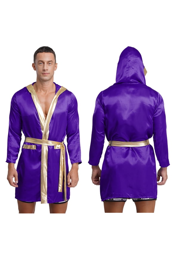 Adult Mens Boxer Hooded Robes Satiny Shiny Long Sleeve Bathrobes Boxing Team Uniform Outfits Purple 16
