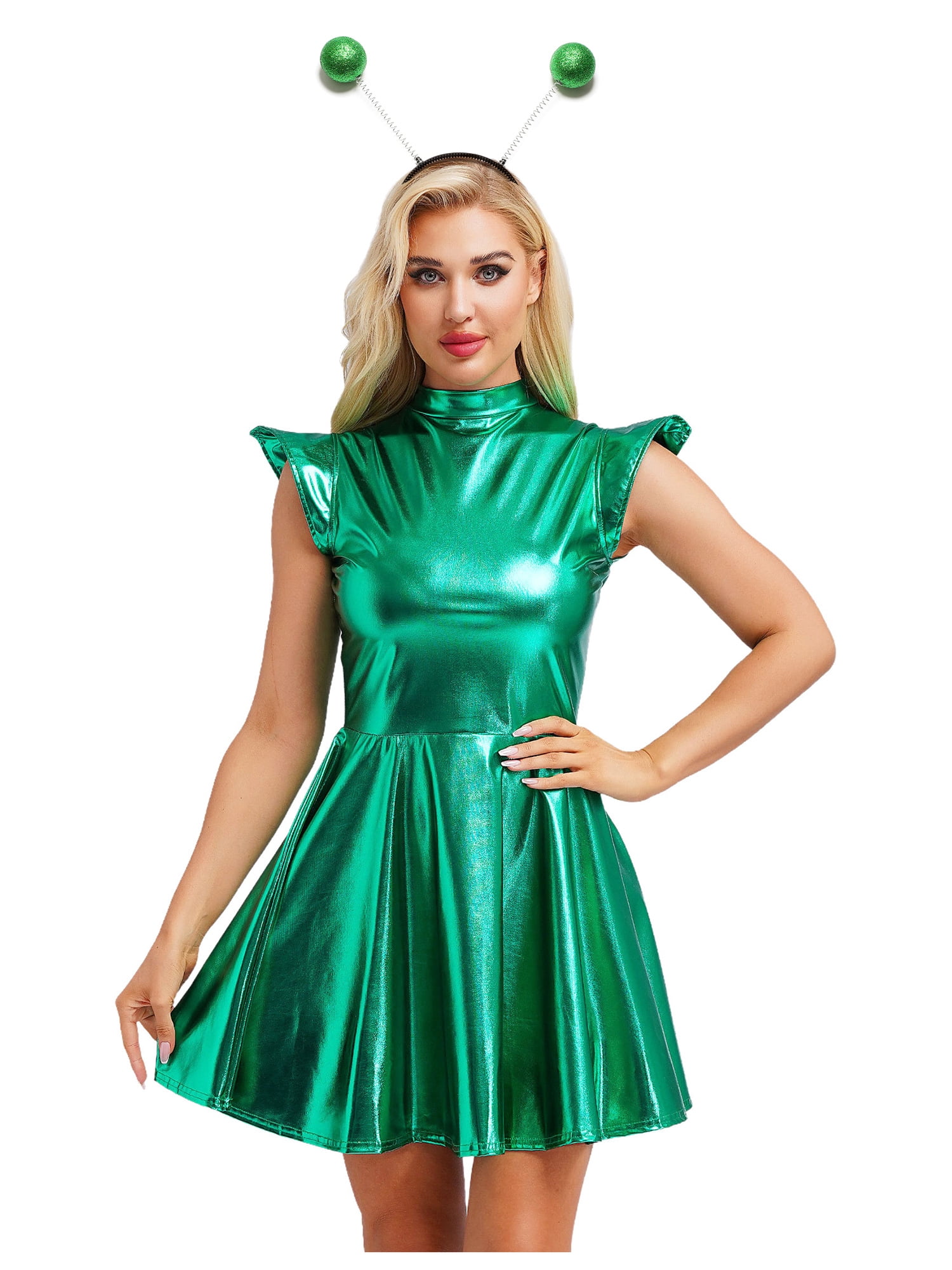 TiaoBug Alien Outfits for Women Shiny Metallic Fly Sleeve A-line Flare ...