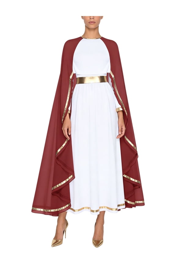 Ancient Greek Toga Party Dress Women Roman Grecian Princess Dress with Cape Shawls Long Gowns Burgundy S