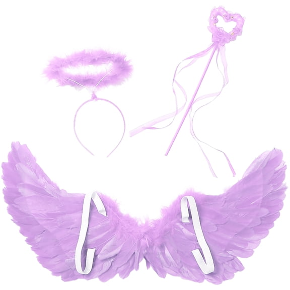TiaoBug Angel Feather Wings with Headband Fairy Stick Accessory Set for Themed Party Fancy Dress-up Light Purple L