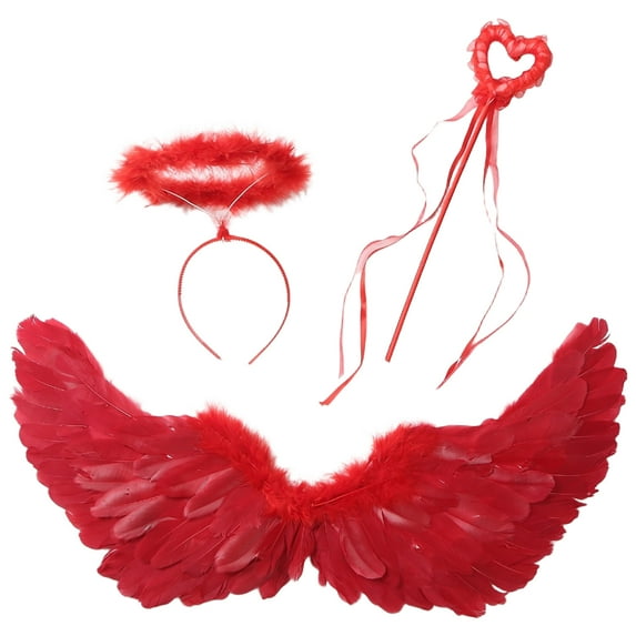 TiaoBug Angel Feather Wings with Headband Fairy Stick Accessory Set for Themed Party Fancy Dress-up Red S