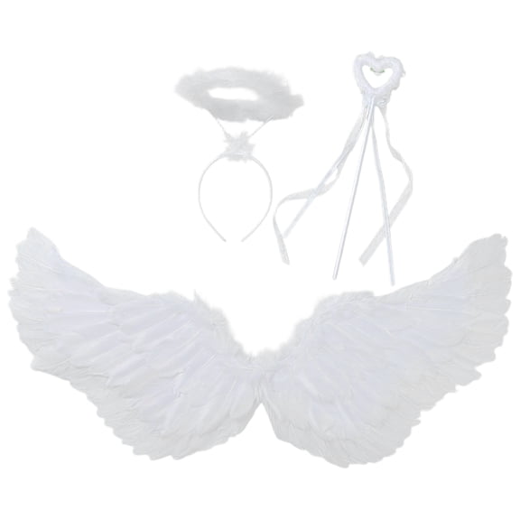 TiaoBug Angel Feather Wings with Headband Fairy Stick Accessory Set for Themed Party Fancy Dress-up White M