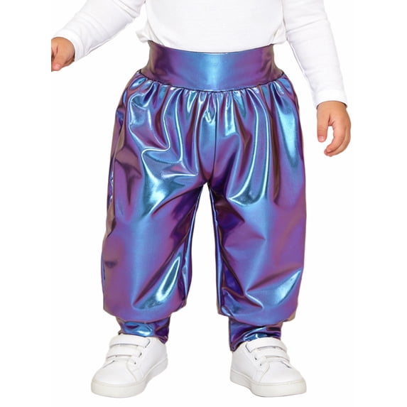 TiaoBug Baby Boys Girls Metallic Harem Pants High Waist Shiny Disco Party Dance Trousers Blue 12-18M