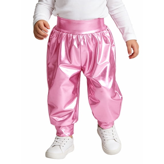 TiaoBug Baby Boys Girls Metallic Harem Pants High Waist Shiny Disco Party Dance Trousers Pink 6-12M