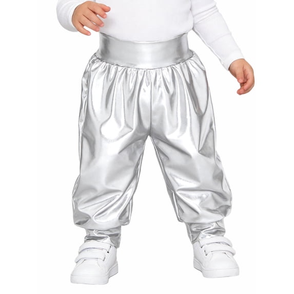 TiaoBug Baby Boys Girls Metallic Harem Pants High Waist Shiny Disco Party Dance Trousers Silver 18-24M
