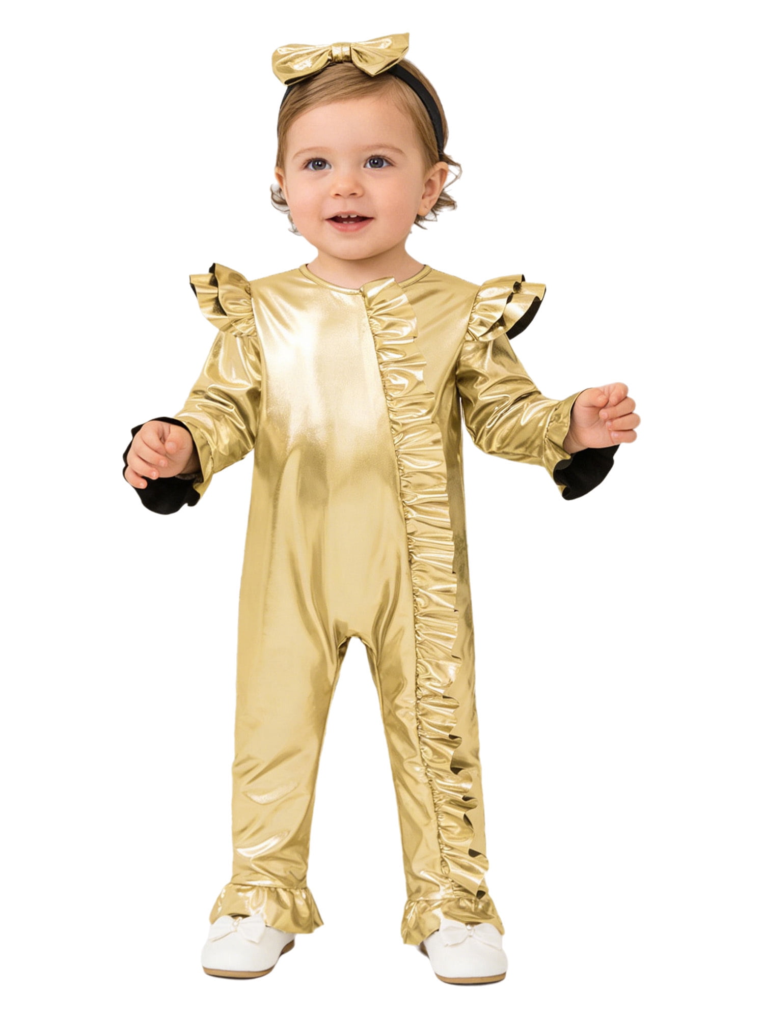 TiaoBug Baby Girl Metallic Jumpsuit with Ruffle Trim & Bowknot Headband ...
