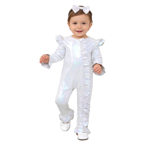 TiaoBug Baby Girl Metallic Jumpsuit with Ruffle Trim & Bowknot Headband Shiny Birthday Party Outfit Ivory 12-18M