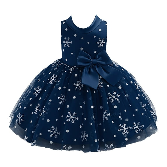 TiaoBug Baby Girls Snowflake Bowknot Pageant Princess Dresses Sleeveless Christmas Birthday Party Dress Dark Blue 18-24 Months