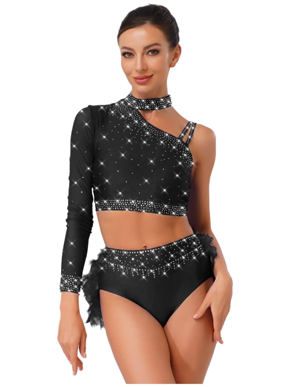 Ballet Gymnastics Leotards for Women Sparkly One Shoulder Crop Top Feather Briefs Set for Latin Jazz Dance Black S