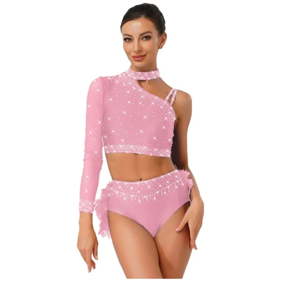 TiaoBug Ballet Gymnastics Leotards for Women Sparkly One Shoulder Crop Top Feather Briefs Set for Latin Jazz Dance Pink XL