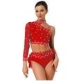 thumbnail image 1 of TiaoBug Ballet Gymnastics Leotards for Women Sparkly One Shoulder Crop Top Feather Briefs Set for Latin Jazz Dance Red M, 1 of 7