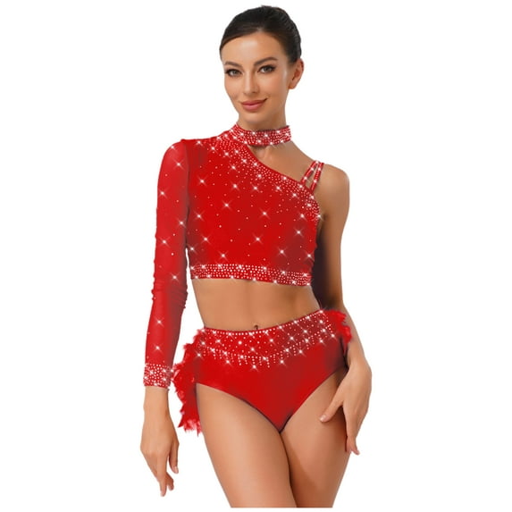 TiaoBug Ballet Gymnastics Leotards for Women Sparkly One Shoulder Crop Top Feather Briefs Set for Latin Jazz Dance Red S