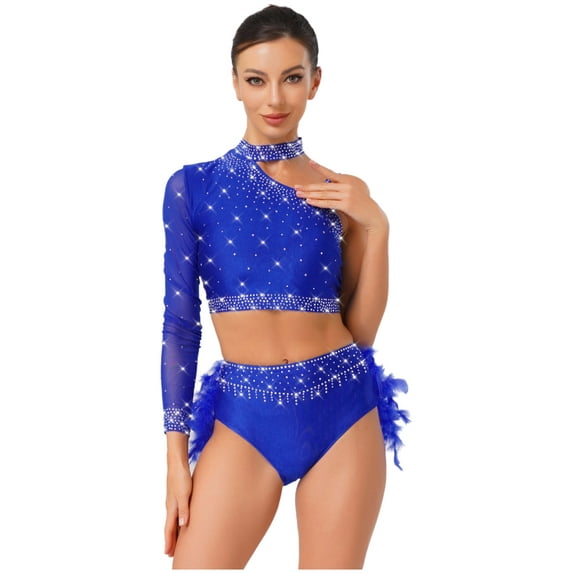 TiaoBug Ballet Gymnastics Leotards for Women Sparkly One Shoulder Crop Top Feather Briefs Set for Latin Jazz Dance Royal Blue XL