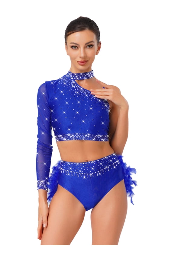 Ballet Gymnastics Leotards for Women Sparkly One Shoulder Crop Top Feather Briefs Set for Latin Jazz Dance Royal Blue XL