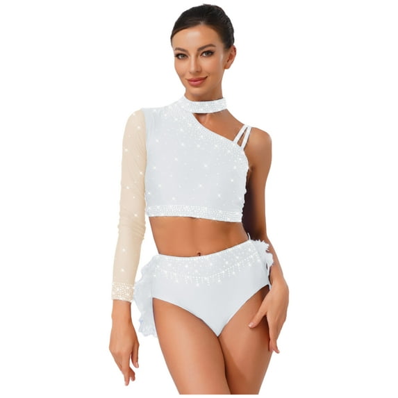 TiaoBug Ballet Gymnastics Leotards for Women Sparkly One Shoulder Crop Top Feather Briefs Set for Latin Jazz Dance White XL