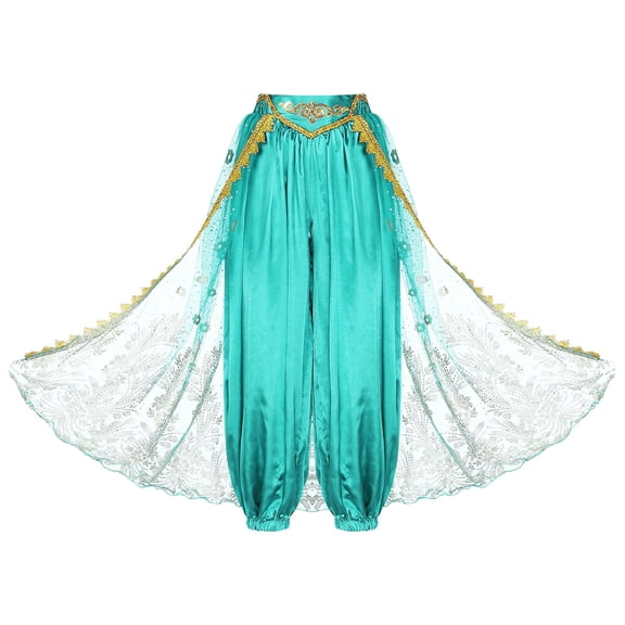 TiaoBug Belly Dance Pants for Women Ladies Indian Dance Costume Gold Trim Bloomers Skirted Pants B Peacock Blue One Size