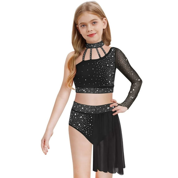 TiaoBug Big Girl's Lyrical Dance Outfit Latin Jazz Modern Contemporary Dress One Shoulder Crop Top with Irregular Skirt Black 10