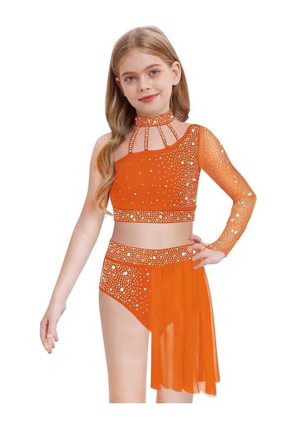 Big Girl's Lyrical Dance Outfit Latin Jazz Modern Contemporary Dress One Shoulder Crop Top with Irregular Skirt Orange 8
