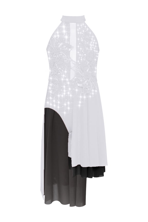 Big Girls Flower Applique Lyrical Dance Dress 6-16T Sleeveless High-Low Skirt Leotard Ballet Dance Dress White 8
