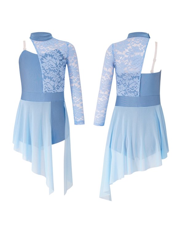 Big Girls Lyrical Dance Costume Single Long Sleeve Lace Patchwork Modern Ballet Dance Dress Light Blue 12