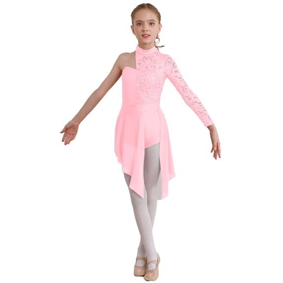 TiaoBug Big Girls Lyrical Dance Costume Single Long Sleeve Lace Patchwork Modern Ballet Dance Dress Pink 6