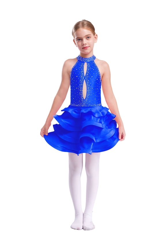 Big Girls Rhinestones Latin Jazz Dance Dress Salsa Rumba Cha-cha Dancer Ruffle Tutu Skirt Leotard Blue 14