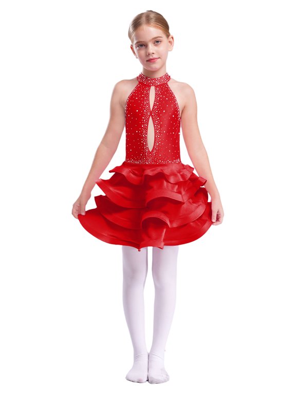 Big Girls Rhinestones Latin Jazz Dance Dress Salsa Rumba Cha-cha Dancer Ruffle Tutu Skirt Leotard Burgundy 16