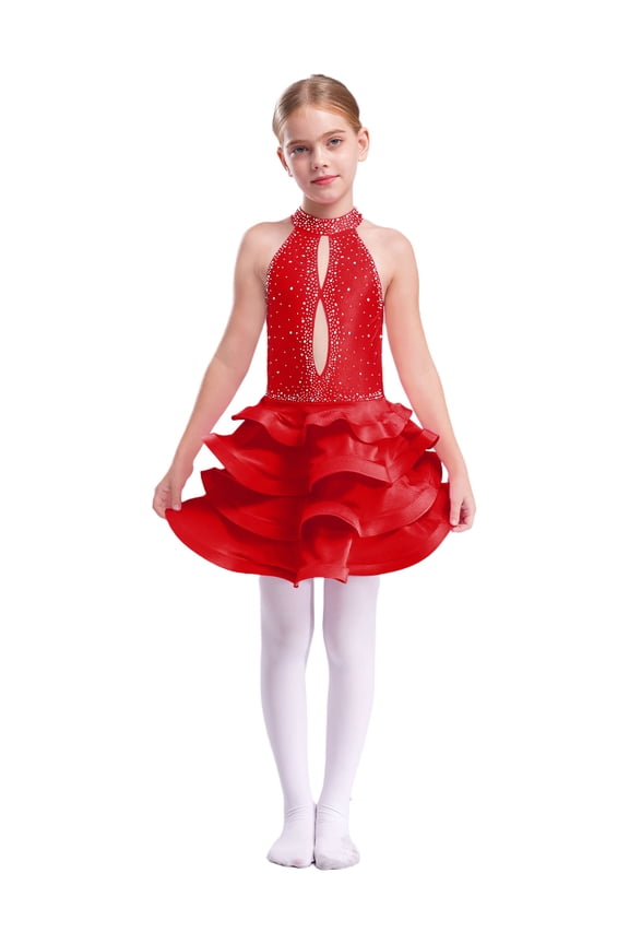 Big Girls Rhinestones Latin Jazz Dance Dress Salsa Rumba Cha-cha Dancer Ruffle Tutu Skirt Leotard Burgundy 16