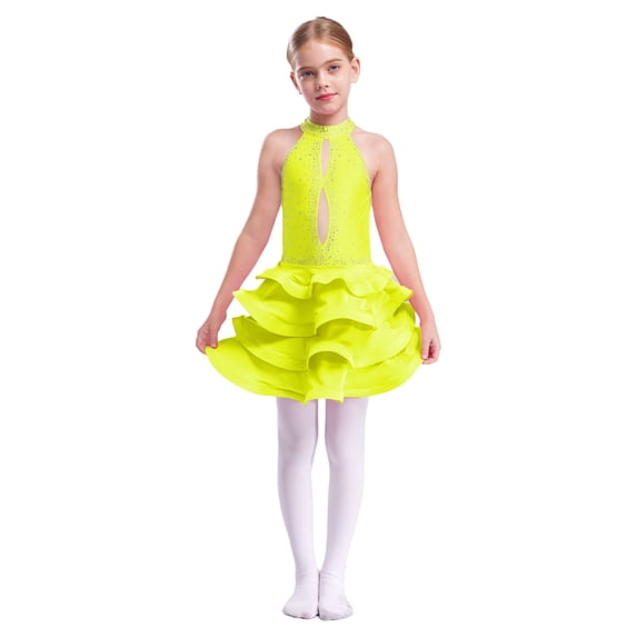 TiaoBug Big Girls Rhinestones Latin Jazz Dance Dress Salsa Rumba Cha-cha Dancer Ruffle Tutu Skirt Leotard Fluorescent Yellow 8