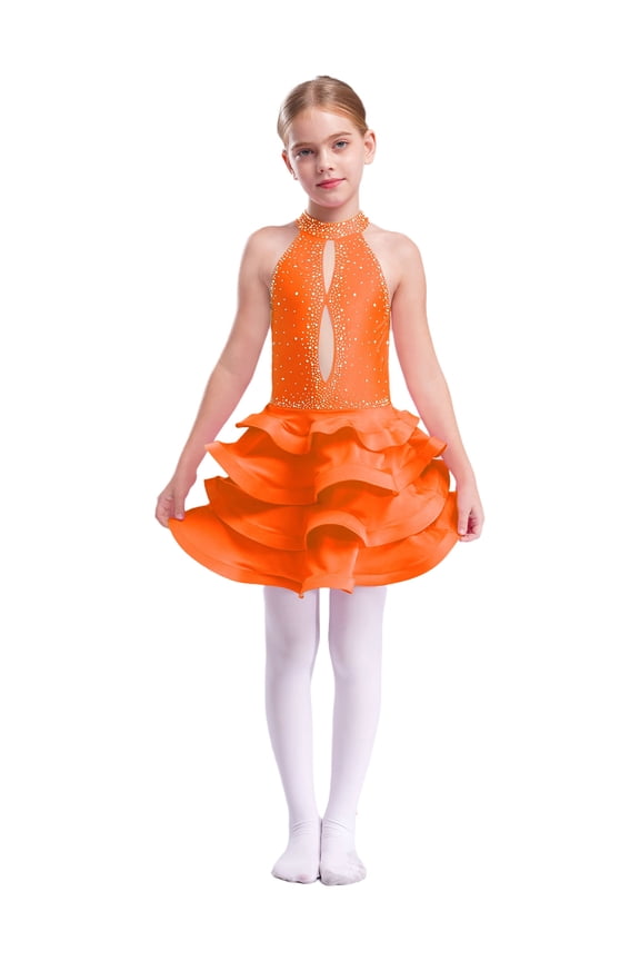 Big Girls Rhinestones Latin Jazz Dance Dress Salsa Rumba Cha-cha Dancer Ruffle Tutu Skirt Leotard Orange 14