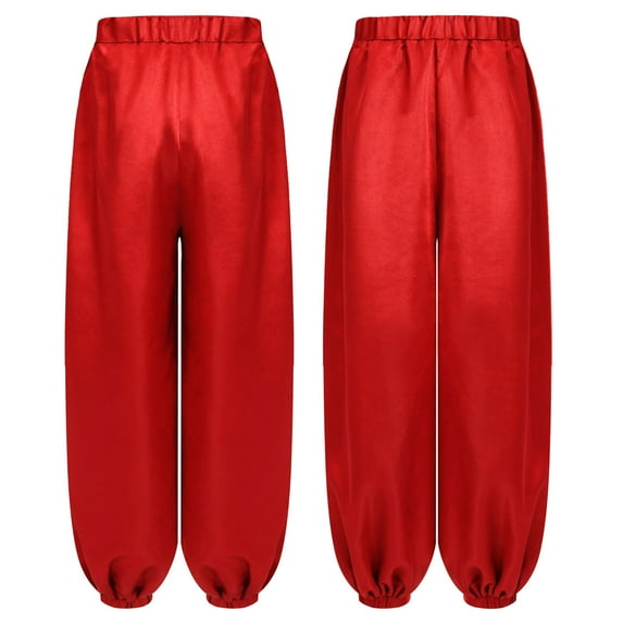 TiaoBug Big Girls Satin Bloomers Tribal Arabic Wide Leg Trousers Elastic Waist Belly Dance Harem Pants Red 10