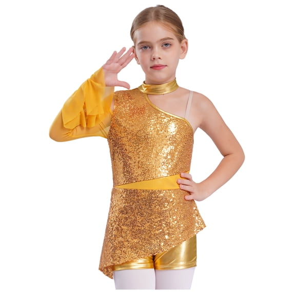 TiaoBug Big Girls' Sequins Peplum Top One Shoulder Long Sleeve Gymnastics Leotard Hip Hop Jazz Dance Bodysuit Gold 8