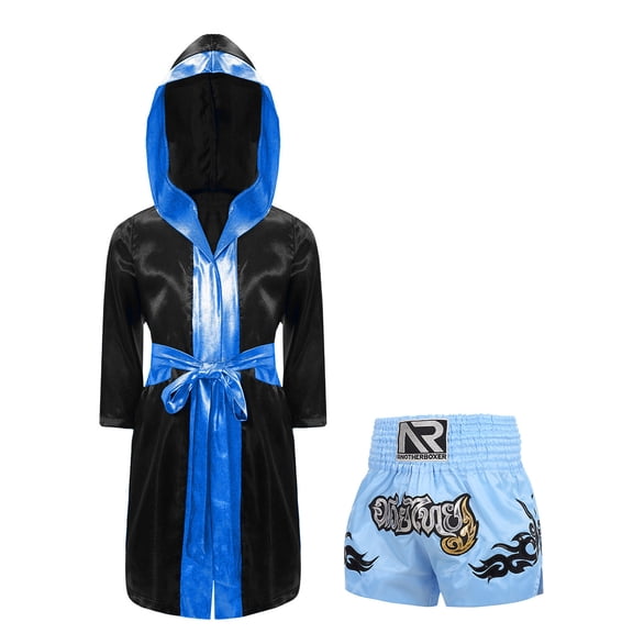 TiaoBug Boxer Athletic Outfits for Boys Long Satin Hooded Robe with Boxing Shorts Sets Black&Light Blue 6