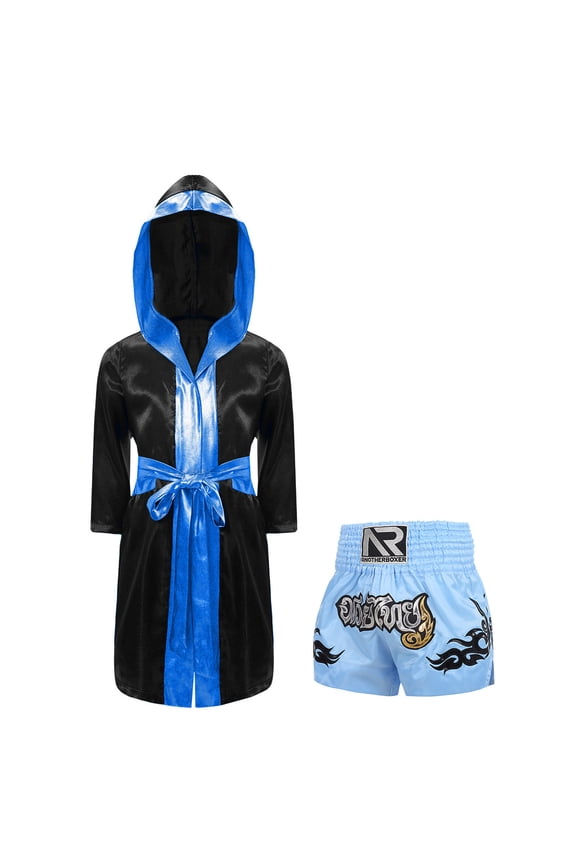 Boxer Athletic Outfits for Boys Long Satin Hooded Robe with Boxing Shorts Sets Black&Light Blue 6