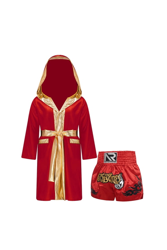 Boxer Athletic Outfits for Boys Long Satin Hooded Robe with Boxing Shorts Sets Burgundy 8