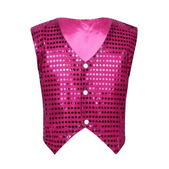 TiaoBug Boy Girl Glittery Sequined Vest Jazz Hip-hop Dance Costume Jacket Waistcoat Top Rose Red 8-9