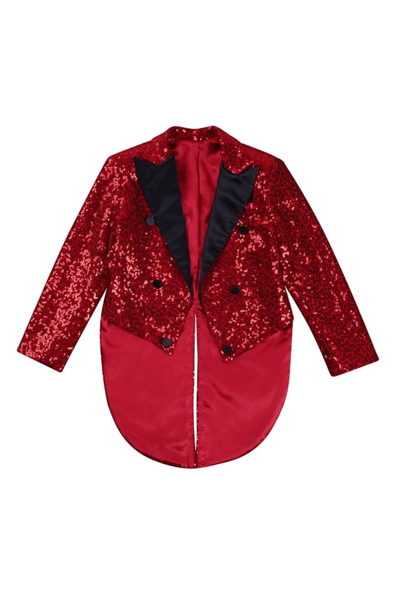 Boy's Tailcoat Blazer Kids Shiny Sequins Swallowtail Suit Jacket for Magic Shows Performance Coat Burgundy 12