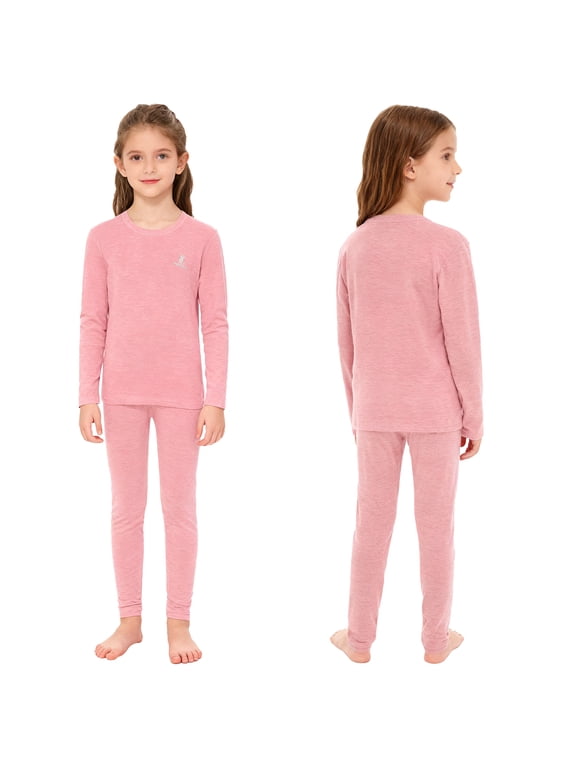 Boys Girls Fleece Lined Thermals Base Layer Set Long Johns Top and Pants Underwear Pink 150