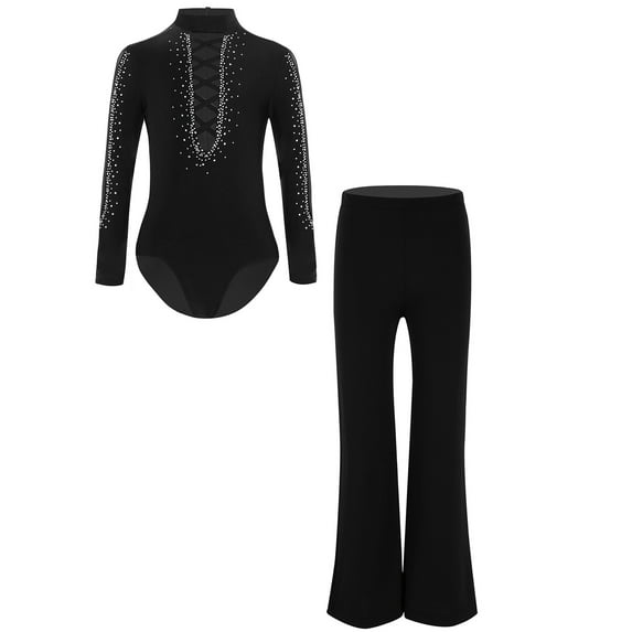 TiaoBug Boys Girls Latin Dance Outfits Gymnastics Rhinestones Long Sleeve Leotard with Leggings Black 6